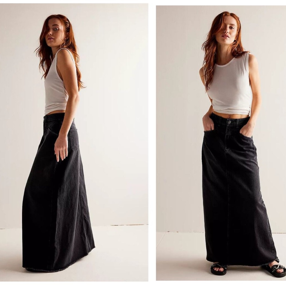 We The Free Black Denim Maxi Skirt